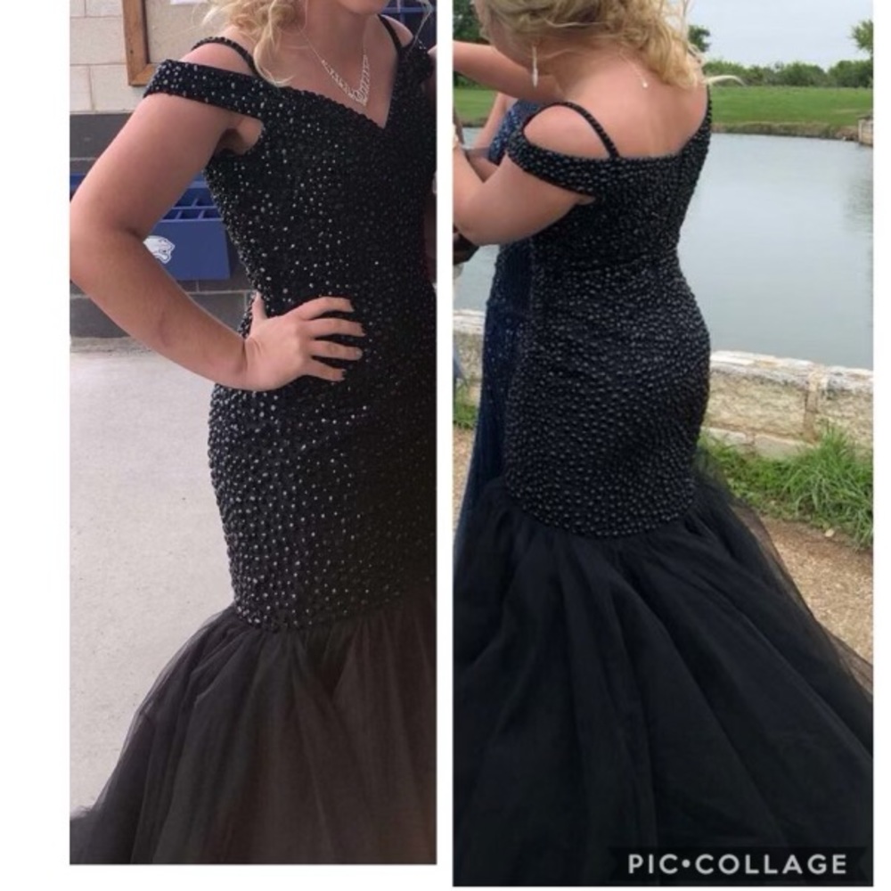 BLACK OFF-SHOULDER WITH/TULLE SKIRT -SIZE 8- DESIGNER-SHERRI HILL BLACK W/BEADS - Picture 3 of 3